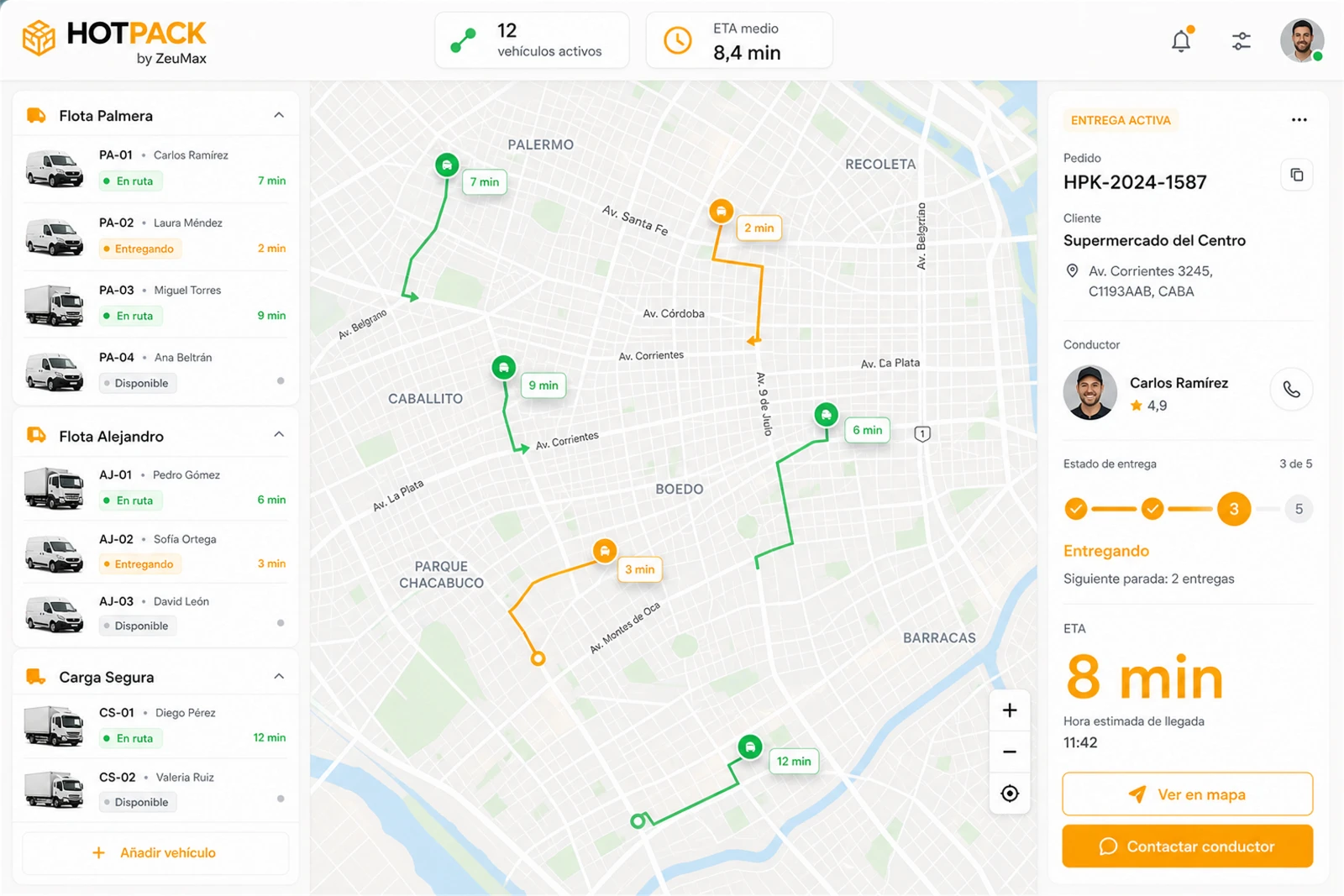 Demo de HOTPACK con mapa de flotas y vehículos
